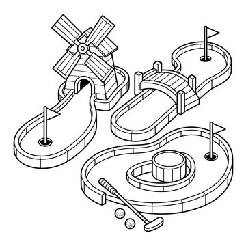 Mini Put Put Golf Course Set Black and White Vector Illustration