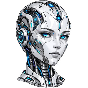 Futuristic Female Humanoid Robot Head With Blue Eyes EPS Vector Illustration
