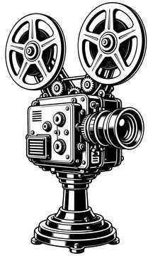 Vintage Film Camera With Reels Black and White Vector Illustration