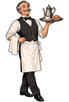 Vintage Waiter Serving Coffee and Croissant EPS Vector Illustration