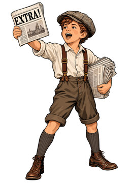 Vintage Newspaper Boy Holding Extra Edition Color Vector Illustration