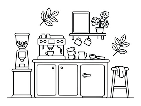 Illustration of Minimalist black and white line drawing of a coffee bar setup with equipment and accessories.