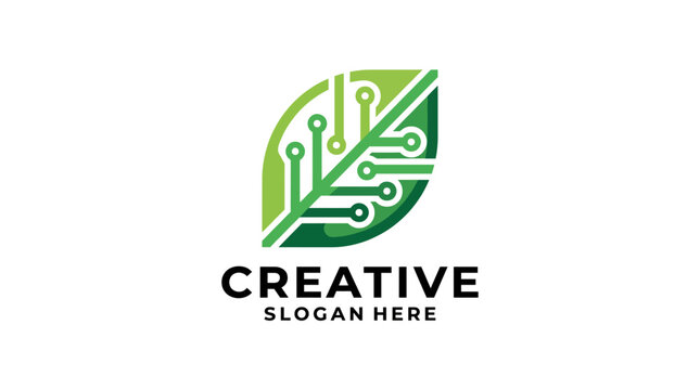 A unique logo blending nature and technology, featuring a leaf with circuit patterns, symbolizing innovation and eco-friendly tech solutions.