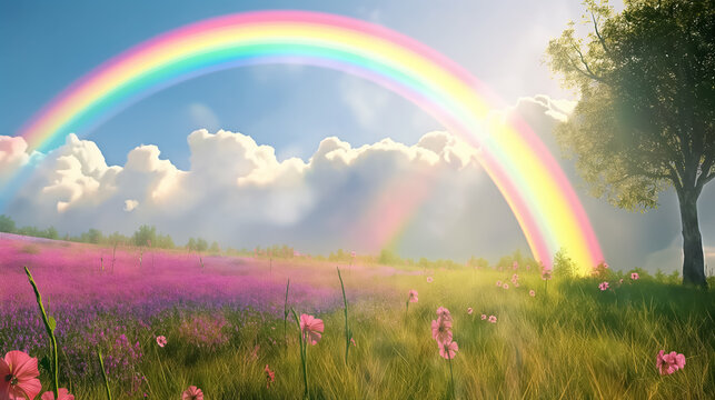 Vibrant double rainbow arching over a beautiful pink and yellow wildflower meadow with a large tree