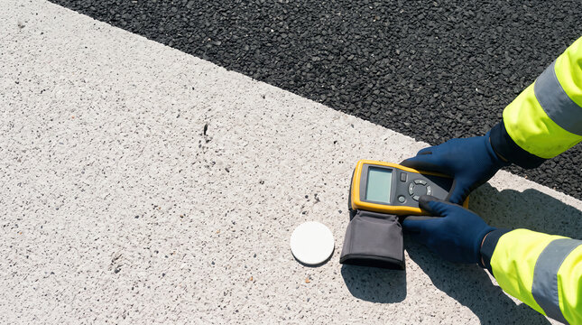 Road Inspector Measuring Marking Paint Quality on Fresh Asphalt