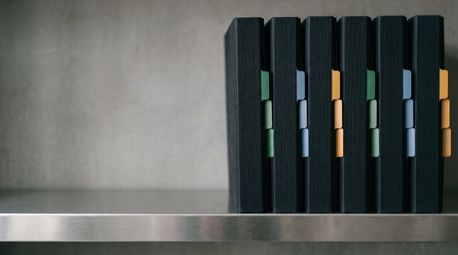 Black Office Binders with Colored Tabs on Metal Shelf