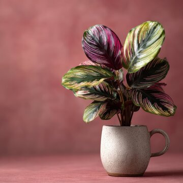 Vibrant calathea plant in ceramic mug against pink background