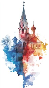Colorful watercolor church illustration with architectural details. National Church Safety and Security Month