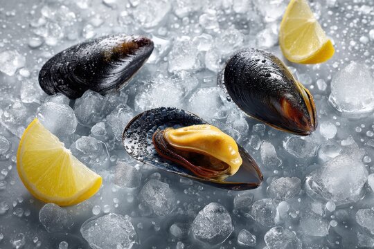 Fresh mussels on ice with lemon slices &ndash; seafood arrangement
