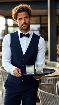 Portrait of waiter holding tray with two light cocktails on an outdoor terrace for restaurant menu and hospitality banner design