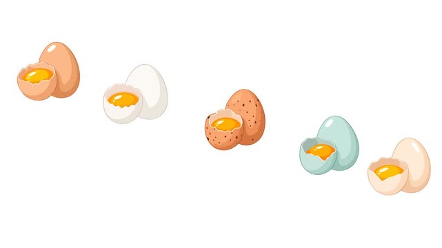 Playful animated motion graphic featuring colorful boiled egg poultry halves with visible golden yolks and varied shell colors. Suitable for Easter campaigns, food videos, breakfast content