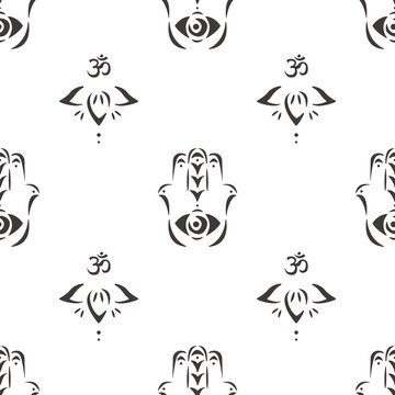 Seamless monochrome pattern featuring sacred Hamsa hand with an eye, lotus flowers, and Om symbols, ideal for yoga and spiritual designs. Texture, wallpaper template