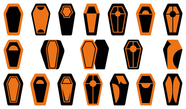A collection of halloween coffin vector silhouette art illustration designs featuring various orange and black spooky casket shapes for seasonal projects