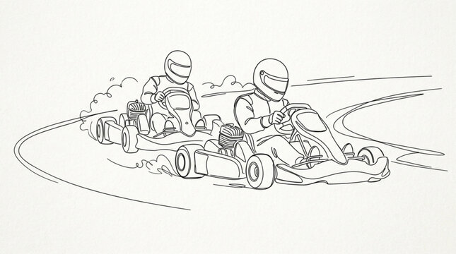 Go kart racers driving on track continuous line art drawing of motorsport competition