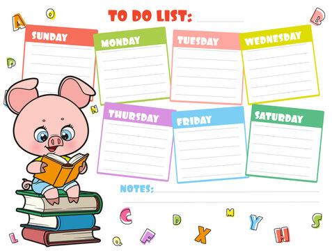 To do list for writing plans for the week with cute cartoon piglet read a books