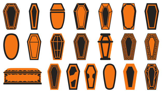 A collection of halloween coffin vector silhouette art illustration designs featuring various spooky casket shapes for holiday graphic projects