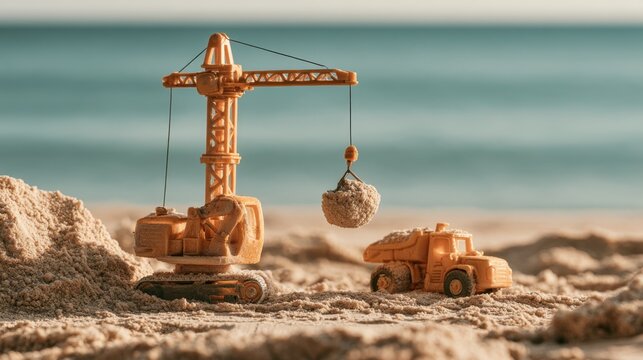 Small construction crane machine lifting sand with toy loader at sandy beach near calm water shore in daylight