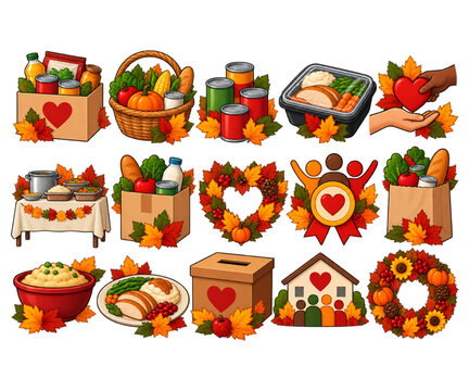 Thanksgiving food donation and community charity collection featuring meals, groceries, hearts and autumn leaves vector