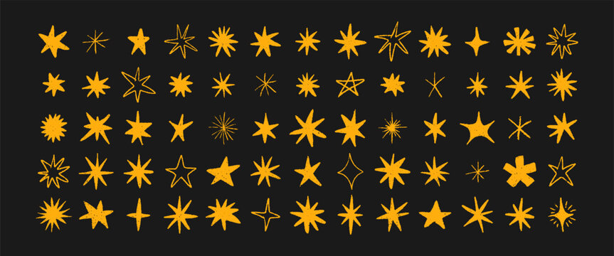 Crayon star icon set. Children draw twinkling stars and starfish. Pens asterisk illustration. Vector design.