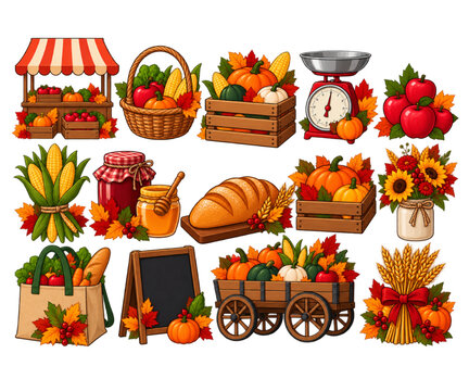 Thanksgiving harvest vector collection featuring pumpkins, apples, corn, bread and colorful autumn produce
