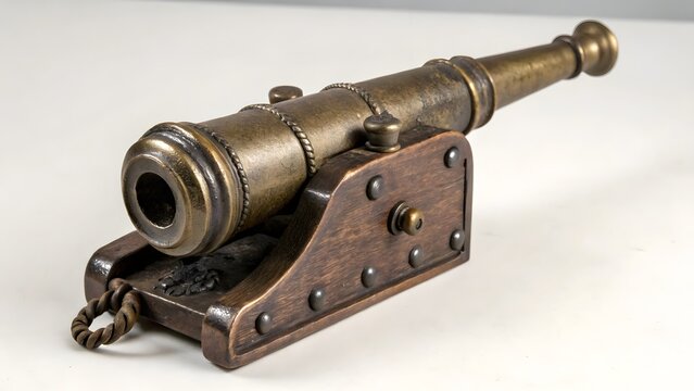 Decorative miniature brass cannon mounted on a wooden carriage resting on a neutral tabletop surface.