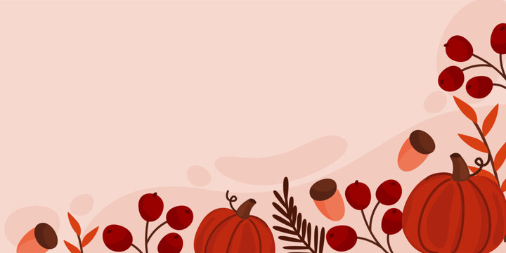 Autumn background with pumpkin and acorn corner border. Fall thanksgiving background with copy spaces.