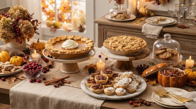 Assortment of freshly baked pies and pastries on a festive holiday table with thanksgiving celebration cinnamon