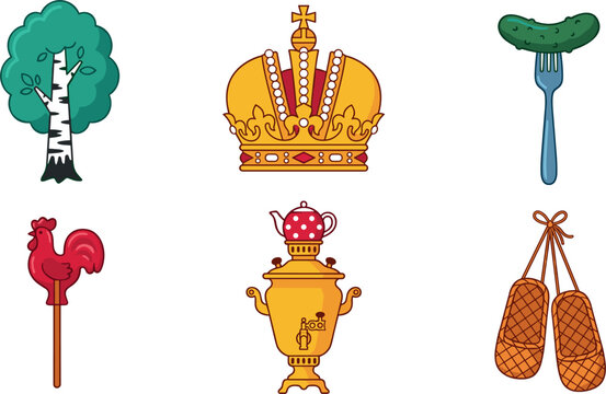 Russian Culture and Heritage Vector Icon Set Featuring Samovar Imperial Crown Birch Tree Rooster Lollipop Bast Shoes and Pickled Cucumber