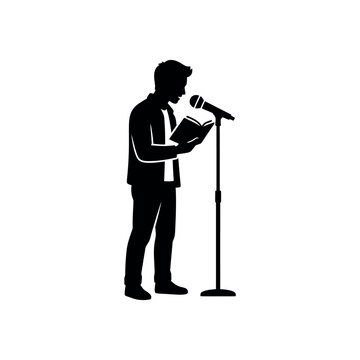 Silhouette of a man speaking into a microphone while holding a book.