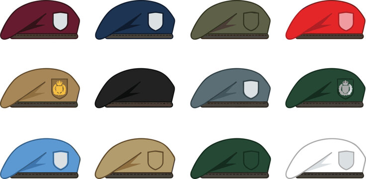 Military beret vector illustration set featuring colorful army hats with badges and insignia for tactical defense uniform police force and security graphic designs