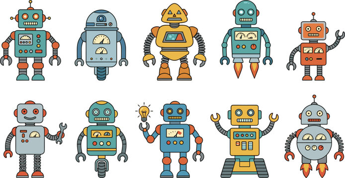 Cute retro robot character collection vector illustration set featuring vintage mechanical cyborg toys with funny expressions for technology and sci-fi designs