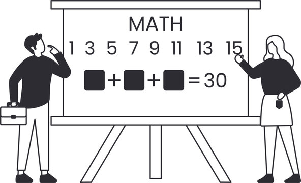 Math problem solving on a whiteboard with a teacher explaining a logic puzzle to a confused student. A critical thinking challenge and brain teaser for mathematics education.