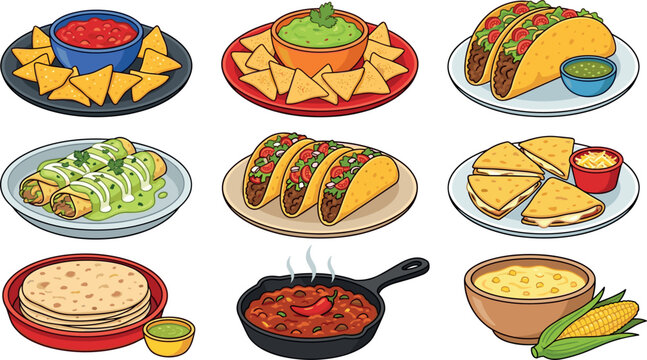 Delicious Mexican Food Vector Set with Tacos Nachos Quesadillas Enchiladas Tortillas and Salsa Dip for Restaurant Menu Graphic Designs