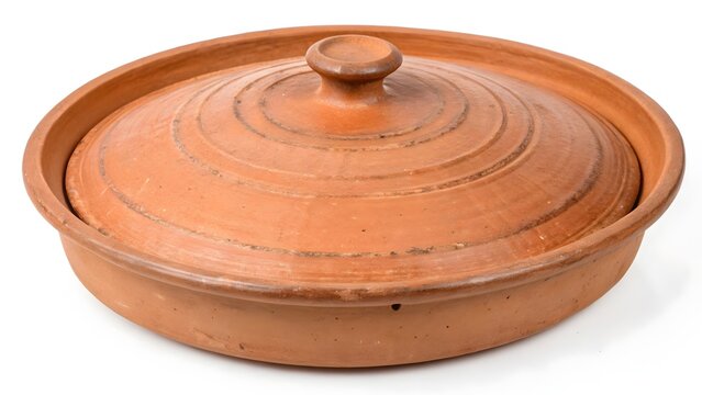 Clay pot with lid isolated on a pure white background showcasing handcrafted earthenware kitchenware.