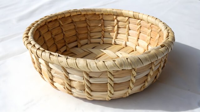 Handmade woven wooden basket sitting empty on a plain white fabric background with soft shadows.