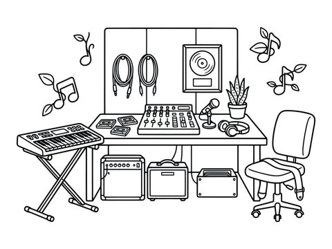 Illustration of Minimalist black and white line drawing of a home music production studio workspace setup.