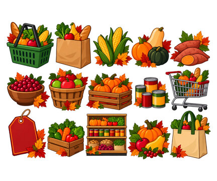 Thanksgiving harvest grocery vector set featuring pumpkins, apples, corn, produce baskets, canned food and market items