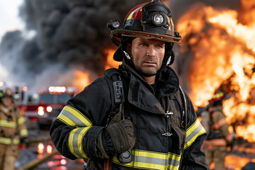 Fototapeta premium Firefighter stands firm amid roaring flames. Smoke billows behind him, intense and thick. Determined eyes show resolve under fire. Emergency lights glow behind the blaze