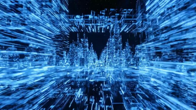 Abstract digital city landscape with glowing blue light trails and data flow.