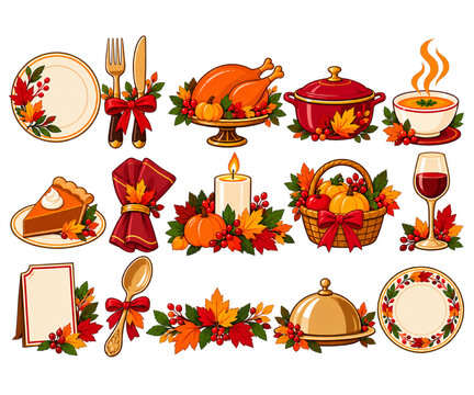 Thanksgiving dinner tableware and festive food vector set featuring turkey, pie and autumn decor