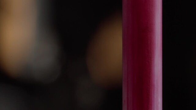 Macro close up of red makeup applicator brush showing dense soft bristles, fine fibers, and textured surface against a dark background for cosmetic application