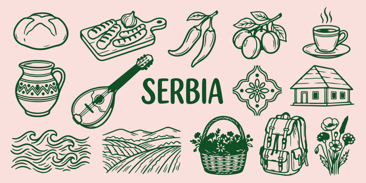 serbia balkan travel cultural heritage doodles, spicy red pepper paprika harvest line art, ripe garden plums fresh fruit sketches, rustic musical gusle instrument folklore drawings, traditional balkan