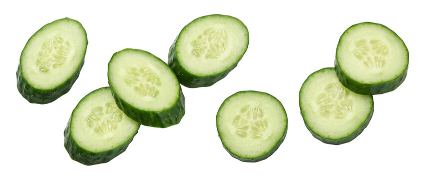 Falling cucumber slices isolated on transparent background