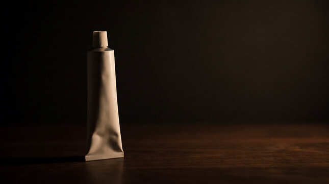 Blank metal squeeze tube standing on a dark wooden surface with dramatic side lighting