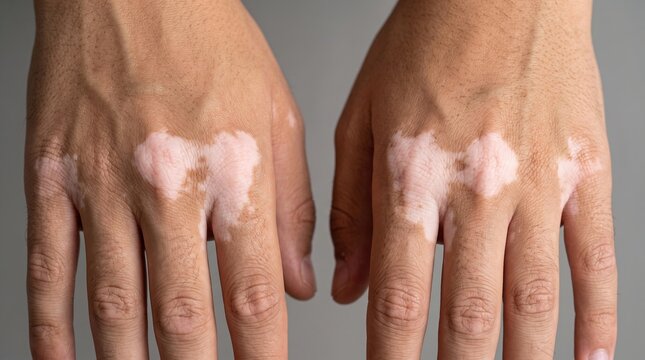 Vitiligo depigmentation white patches on dorsal hands of adult patient during dermatology exam