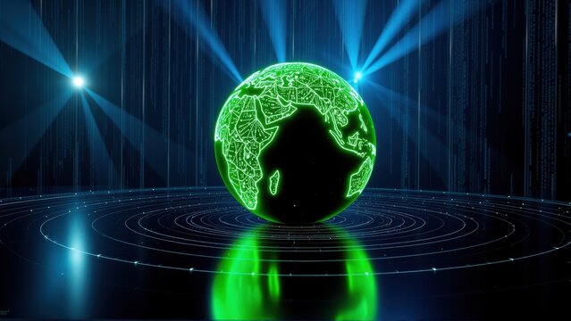 Digital globe glows, surrounded by binary code streams. Reflective surface creates dramatic visual effect. Futuristic concept.