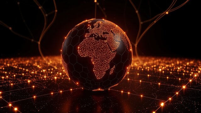 Glowing globe rests upon illuminated surface. Network connections radiate outward, suggesting global data links. Dark background emphasizes bright elements.