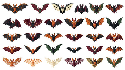 Fototapeta premium Halloween bat vector icons set, flying vampire bats collection in flat style, spooky nocturnal animal illustrations for gothic party decor