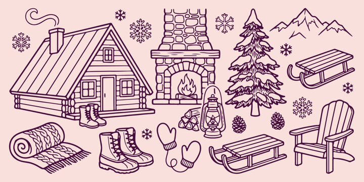 cozy winter cabin fireplace line art, snowy alpine wooden chalet sketches, warm stone hearth stockings drawings, traditional christmas lantern snowshoe doodles, outdoor mountain shelter wilderness ico