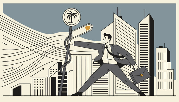 Determined businessman holding palm tree signpost against strong headwind with skyscrapers in background.